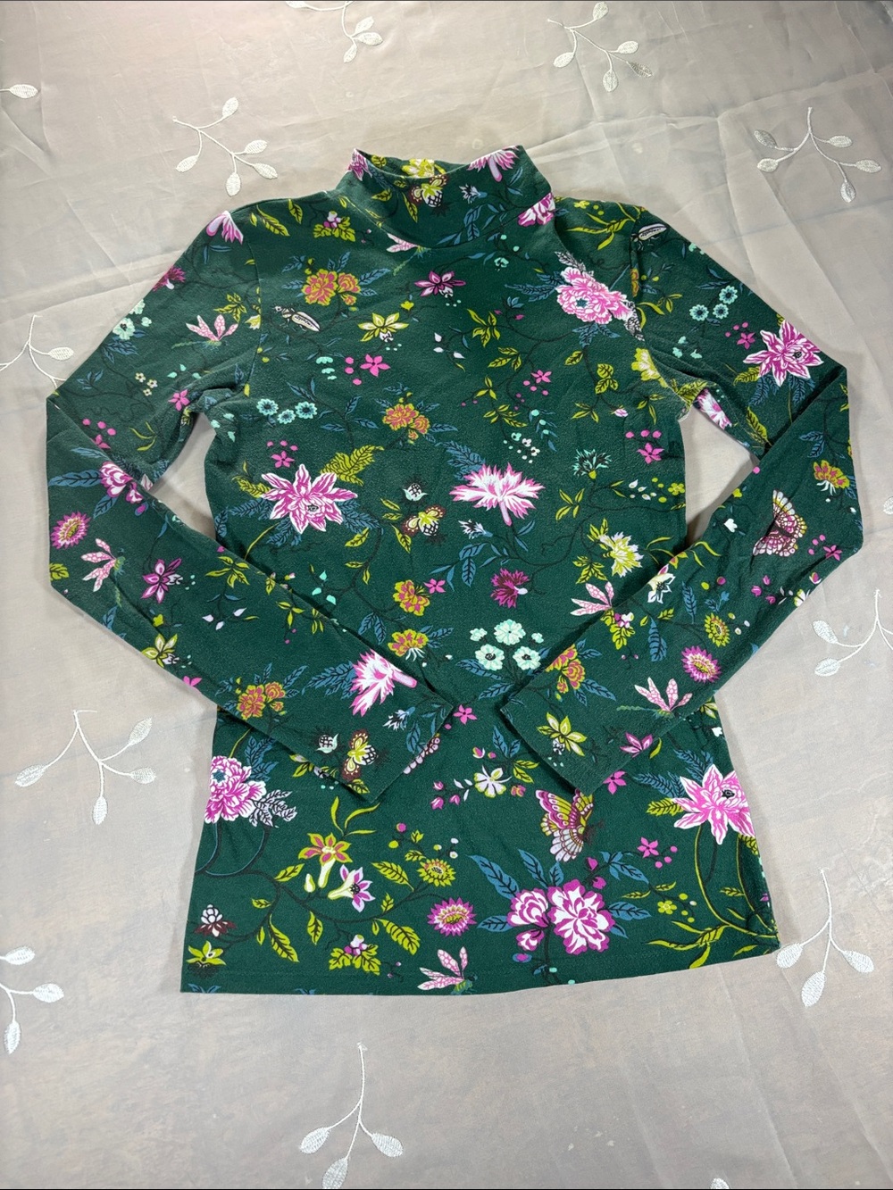 Maeve Anthropologie Dark Green Floral Mock Neck Long Sleeve Top Woman XXS